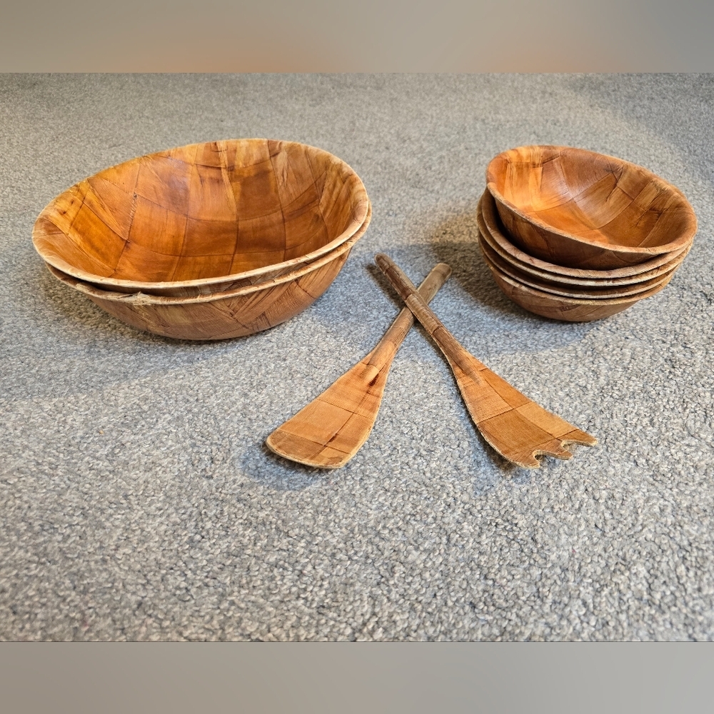 Vintage MCM Formosa Wood Woven Checked 9 Piece Salad Bowl Spoon & Fork Set